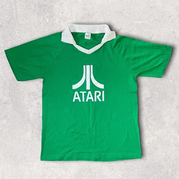 RARE VINTAGE 80S ATARI GRAPHIC POP COLLAR RAGLAN SLEEVE ATARI T-SHIRT GREEN - M - Picture 1 of 7